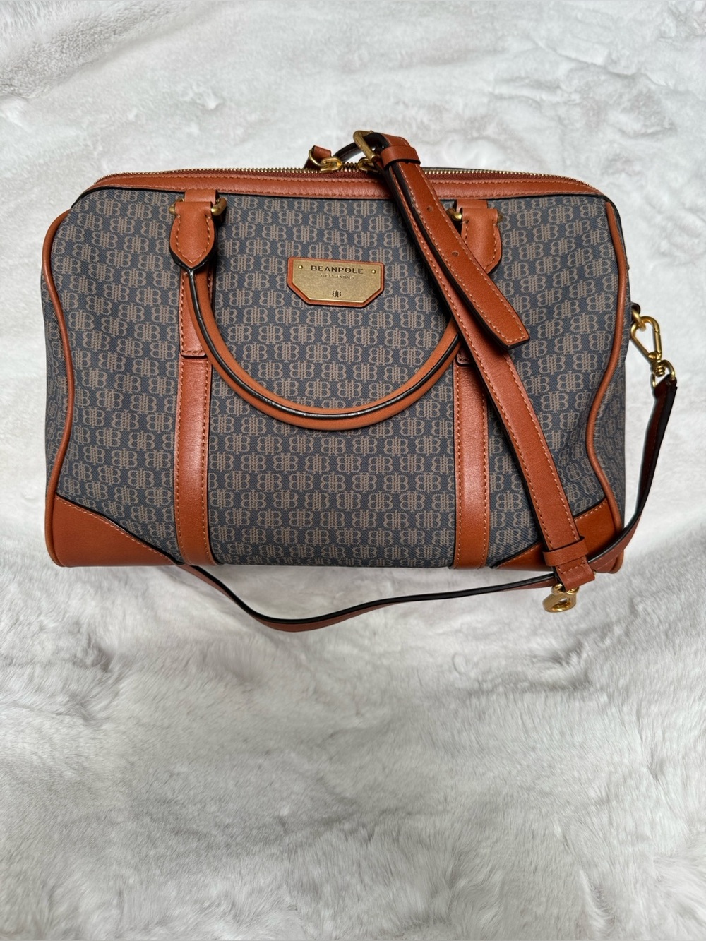 Beanpole Bourke Brown Canvas Monogram Satchel with Tan Leather Trim - Picture 2 of 14